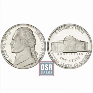 Front and back views of a 1957 Jefferson nickel coin.