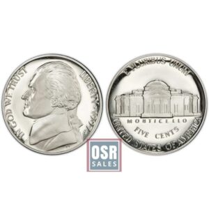 Two sides of a 1964 US Jefferson nickel coin.