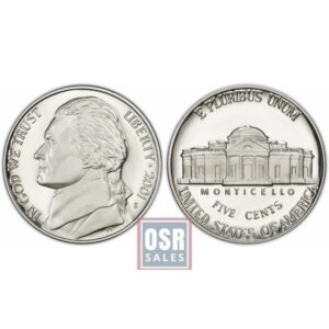 Obverse and reverse of a Jefferson nickel showing Monticello.