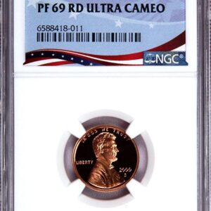A graded 2009 Lincoln penny labeled PF 69 RD Ultra Cameo by NGC.