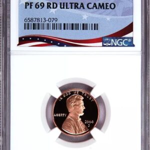 PF 69 RD Ultra Cameo Lincoln cent in a protective case.