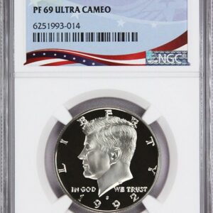 Proof Kennedy half dollar coin graded PF 69 Ultra Cameo by NGC.