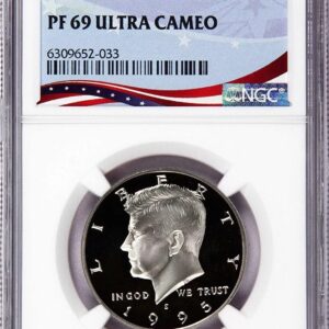 A graded Kennedy half dollar coin labeled PF 69 Ultra Cameo.