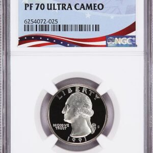 A graded proof 70 Ultra Cameo coin featuring George Washington in a protective case.
