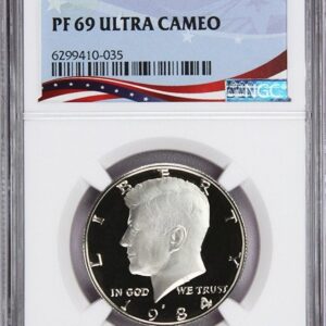 PF 69 Ultra Cameo coin with Kennedy profile in protective case.