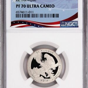 Silver coin graded PF 70 Ultra Cameo by NGC in protective holder.