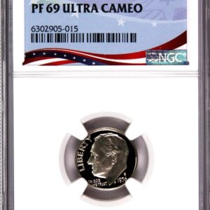 Graded PF 69 Ultra Cameo coin with American flag background.