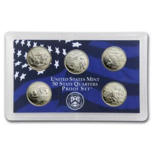 United States Mint proof set with five coins in a star-spangled display case.