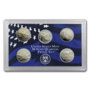 United States Mint 50 State Quarters set in a display case.
