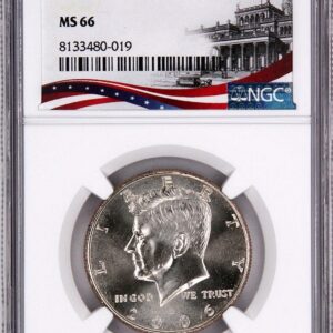 NGC-graded Kennedy half dollar coin in protective slab.