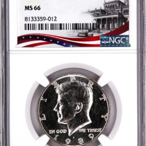 Graded Kennedy half dollar coin in protective case.