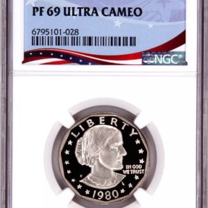 1980 proof silver dollar coin graded PF69 Ultra Cameo by NGC.