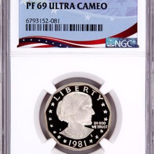 1981 silver proof coin graded PF 69 Ultra Cameo by NGC.