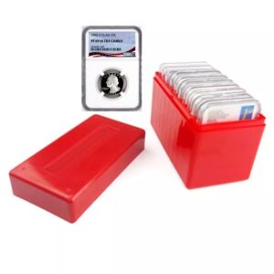 Red recipe box with index cards organized inside.