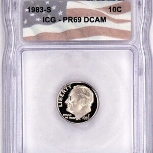 A 1983-S 10-cent proof coin graded PR69 DCAM in a protective slab.