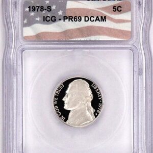 1978-S Jefferson nickel graded PR69 DCAM in a protective case.