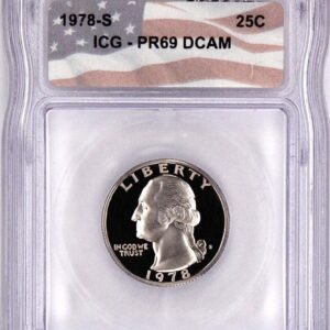 1978-S US quarter graded PR69 DCAM by ICG with sharp details.