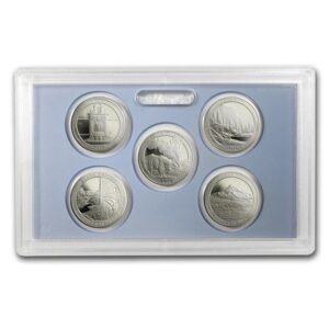 Set of five collectible coins displayed in a protective case.