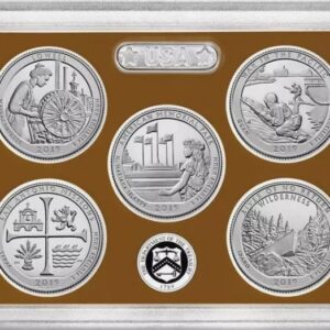 Framed display of six commemorative coins celebrating American history and science.