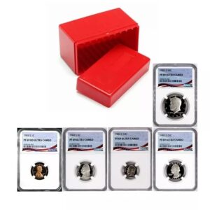 A set of collectible coins with protective red display boxes.