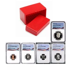 Set of collectible coins with protective slabs and red storage box.