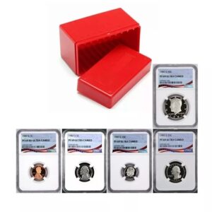 Five graded collectible coins with a red display box.