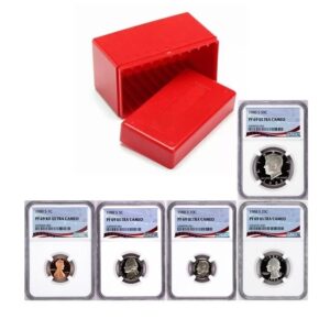 A red box and five graded collectible coins displayed.