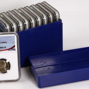 A set of metal calibration weights in a blue plastic case.
