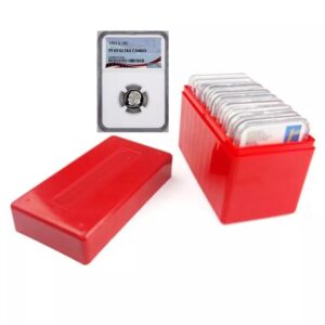 A red storage box with graded coin slabs inside and one slab displayed upright.