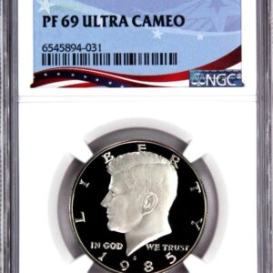Proof 69 Ultra Cameo coin of John F. Kennedy in protective case.