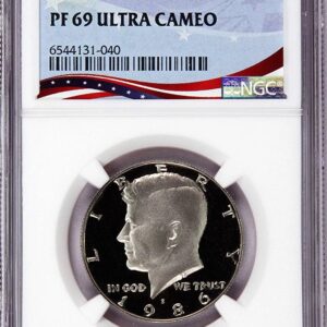 A graded 2019 Kennedy half dollar coin in protective case.