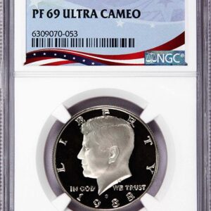 Proof 69 Ultra Cameo Kennedy half dollar coin in protective case.