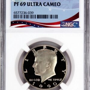 PF 69 Ultra Cameo Kennedy Half Dollar coin in protective case.