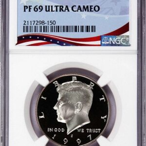 A graded 1964 Kennedy half dollar coin in a protective case.