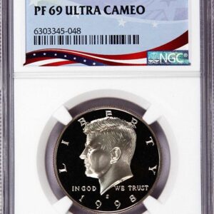 Proof 69 Ultra Cameo Kennedy half dollar coin in a protective slab.
