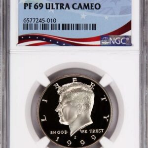 A graded 1964 Kennedy half dollar coin in a protective case.