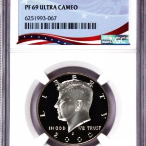 A 1964 Kennedy half dollar coin graded PF 69 Ultra Cameo.