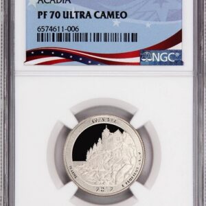 A graded silver coin featuring a detailed cityscape design.