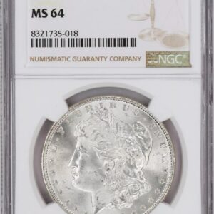 Certified Morgan silver dollar coin in protective case.