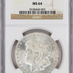 MS64 graded Morgan silver dollar coin in protective case.