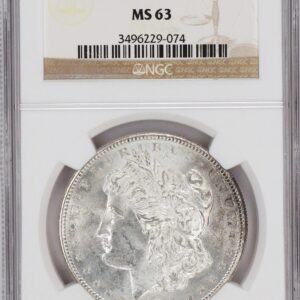 Graded 1887 Morgan silver dollar coin with a MS 63 rating.