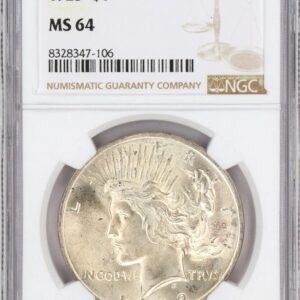 Silver MS 64 Peace Dollar in protective NGC casing.