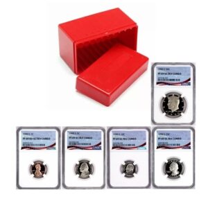 Red storage box with five graded collectible coins displayed.