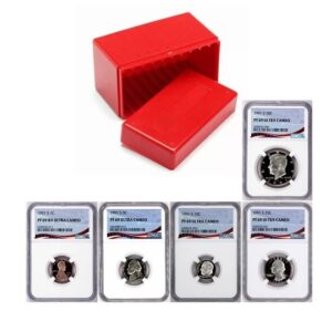 Red storage box with collectible coin holders displayed.
