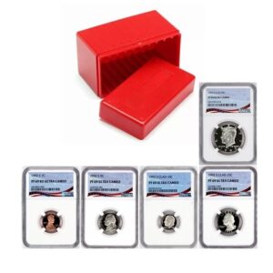 Red display box with four graded collectible coins in protective cases.