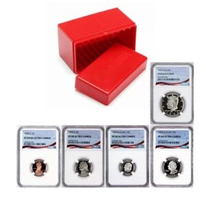 A red display box with four graded collectible coins in protective cases.