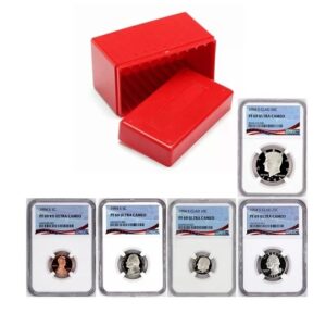 Red storage box with collectible cards featuring characters.