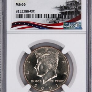 1964 Kennedy half dollar coin in protective holder.