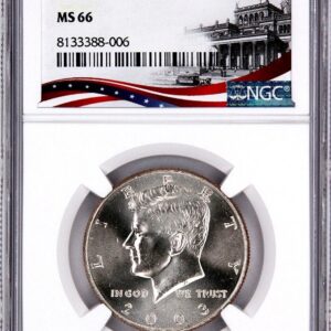 1966 Kennedy half dollar coin graded by NGC in protective slab.