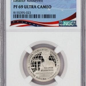 Silver coin with a world map design graded PF 69 Ultra Cameo by NGC.